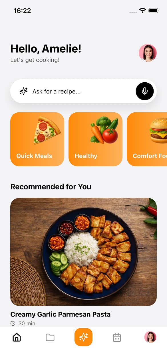 ai recipe app home screen